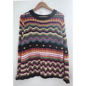LaSeine Crochet Open Knit Boho Pullover Festival Hippie 70s Sweater Womens M